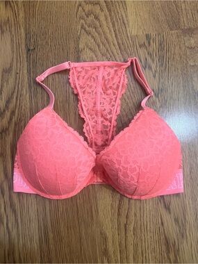 Victoria’s Secret PINK Push Up Bra 32C Coral Pink Lace Strappy Back Racerback